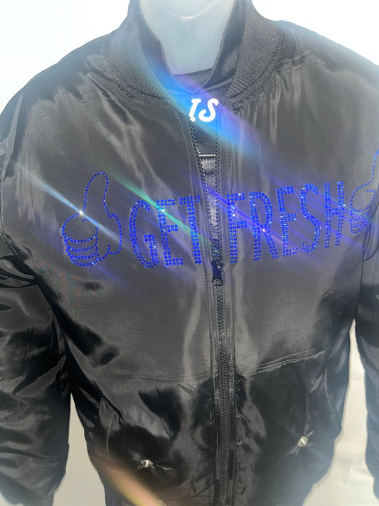 Royal Blue Rhinestone Embroidery Black Bomber Jacket